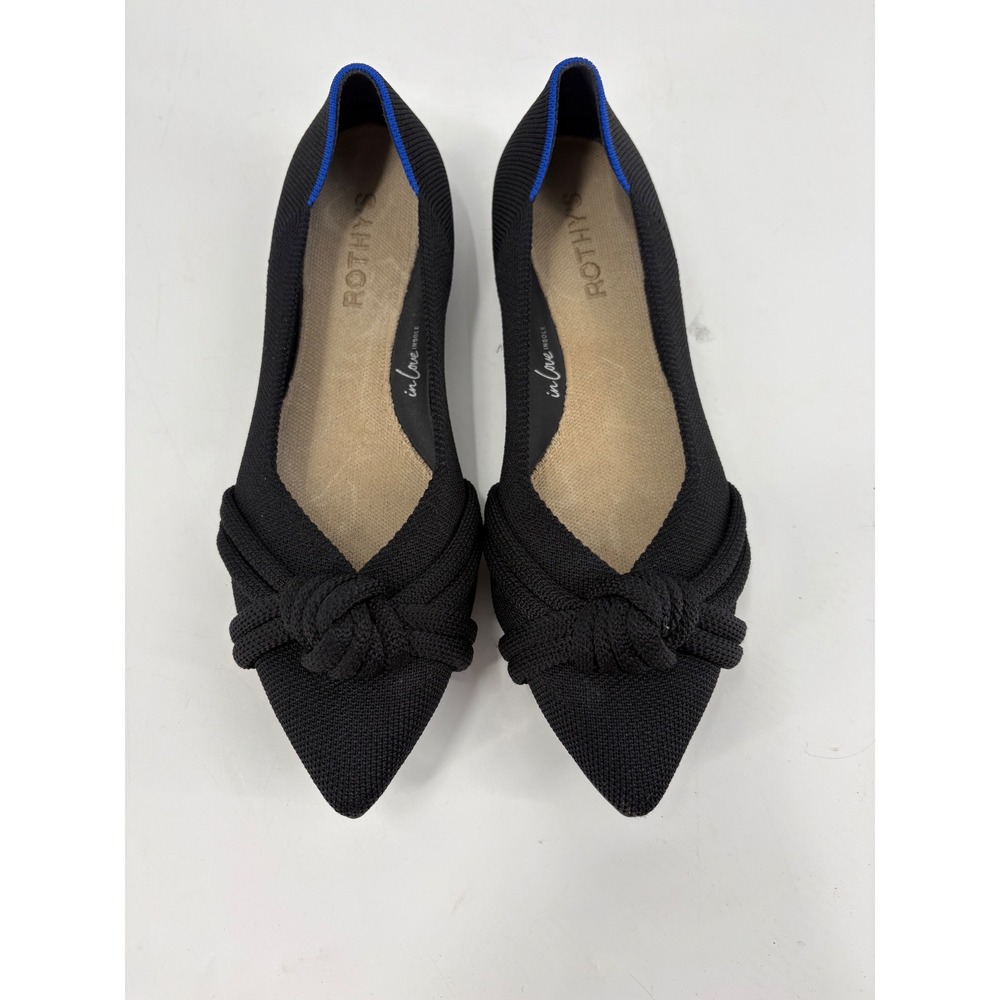 Rothys The Point Knotted Bow Flats Black Solid Knit Pointed Toe Shoes Womens 8.5